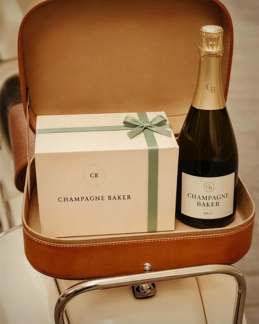 Champagne Baker brand film still: the CB seal and wordmark on a cream pastry box lid on green marble