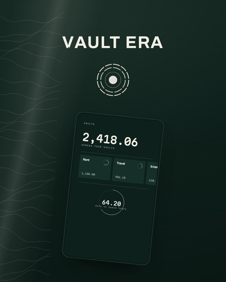 Vault Era brand film still: the Aperture Seal and wordmark over strongroom-green lacquer above a phone showing the Vaults home screen